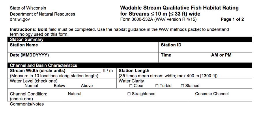 The Form: Station Summary Page 1: Both forms ask for the same information. Fill in your mean stream width and circle units (feet or meters).