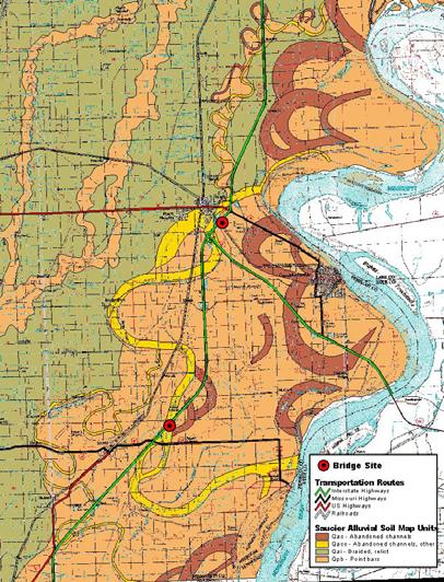 A-1466 L-472 A-1466 L-472 Bridge study sites (red circles) in Dunklin County, Missouri with local alluvial geology (Saucier, 1994) showing meander