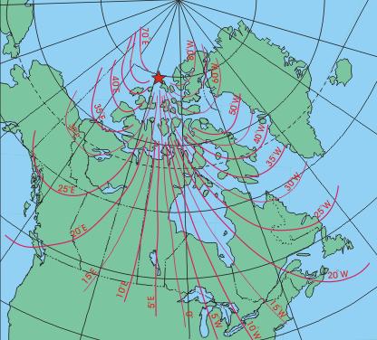 Magnetic Declination: North and North are not in the same place. Magnetic north is near.