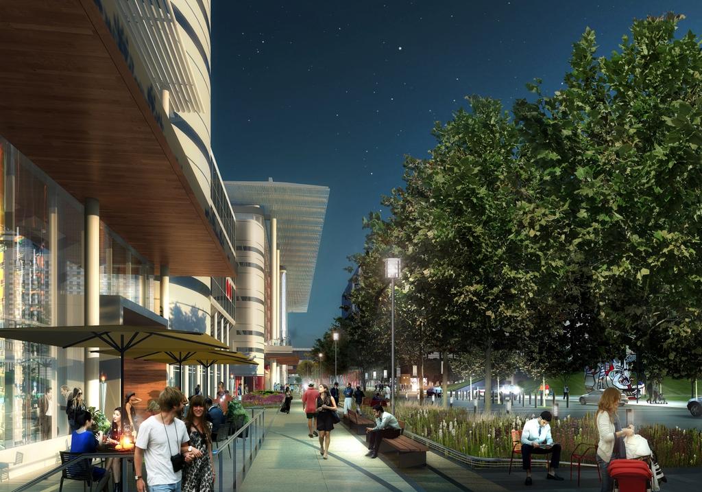 Rendered image of the northern end of the new plaza reflecting the new