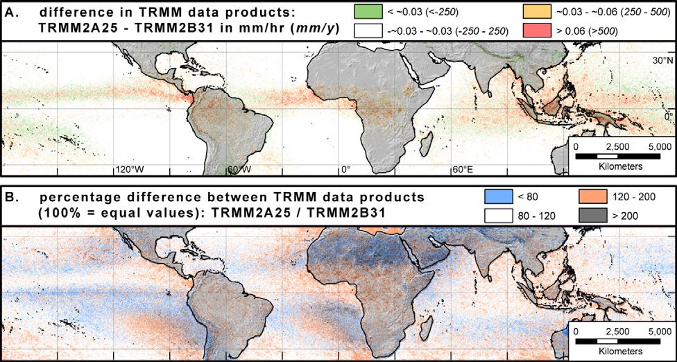 Figure DR 7: Difference between TRMM Precipitation Radar (PR) product 2A25 [Nesbitt and Anders, 2009] and TRMM combined microwave imager (TMI) and Precipitation Radar (PR) product 2B31.