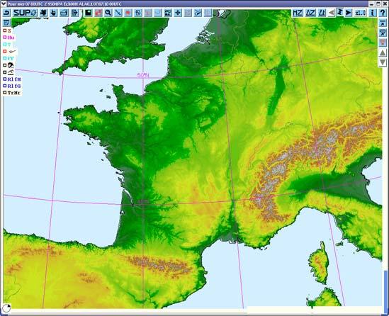 Figure1: orography map of ALADIN-ECMWF The verification is performed by computing scores for the surface parameters measured by the 240 surface stations of the domain FRANCE extending from 38 N to 53