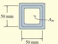 Example 5.16 A square aluminum tube has the dimensions. Determine the average shear stress in the tube at point A if it is subjected to a torque of 85 Nm.