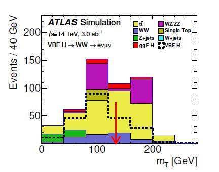 Higgs production via VectorBosonFusion 57 H->WW*->4leptons No W resonant mass.