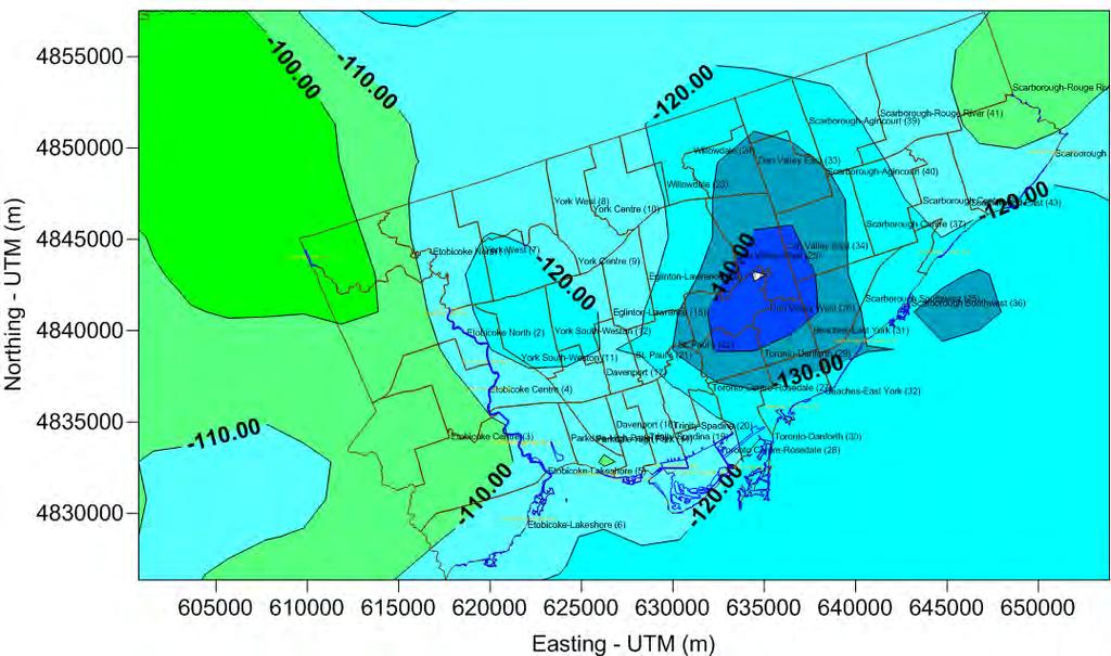 Figure ES-4 Projected Change in Snowfall across the GTA by the 2040s (in cm) Figure ES-5 presents the details of the projected reduction in snowfall across the City of Toronto for the period