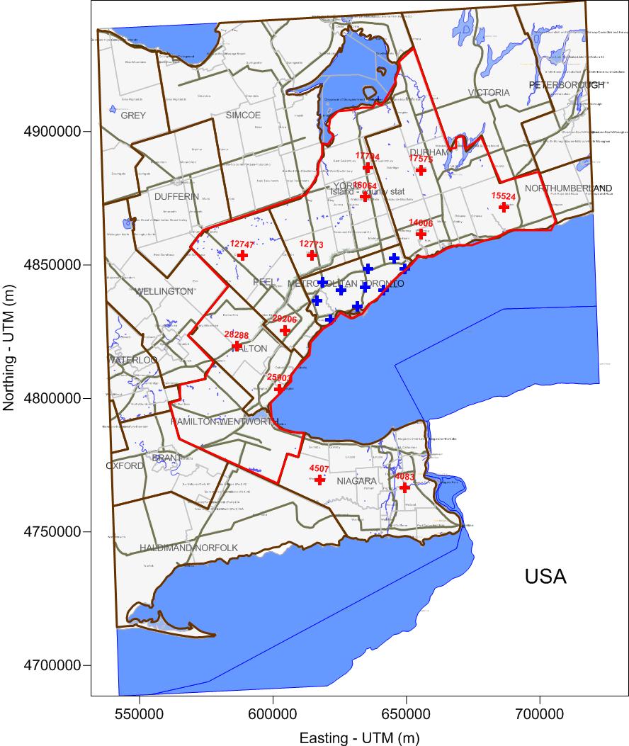 Figure 2 Locations Selected for Results Presentation within the City of Toronto Table 2 lists all of the 36 locations selected along with the Volume 2 table location numbers where detailed results