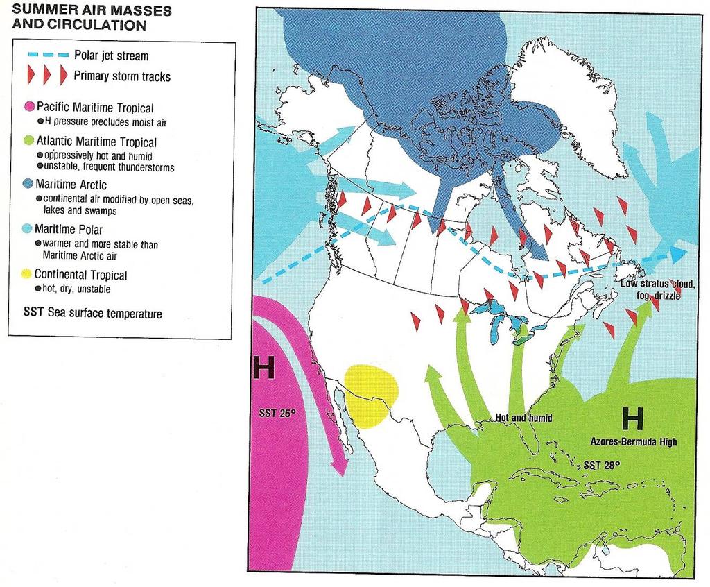 Figure 17 Summer Air Masses and Circulations Source: Phillips, 1990 As stated by Phillips and McCulloch (1972), Phillips (1990) and Sanderson (2004), and shown in Figure 17 and Figure 18, Toronto
