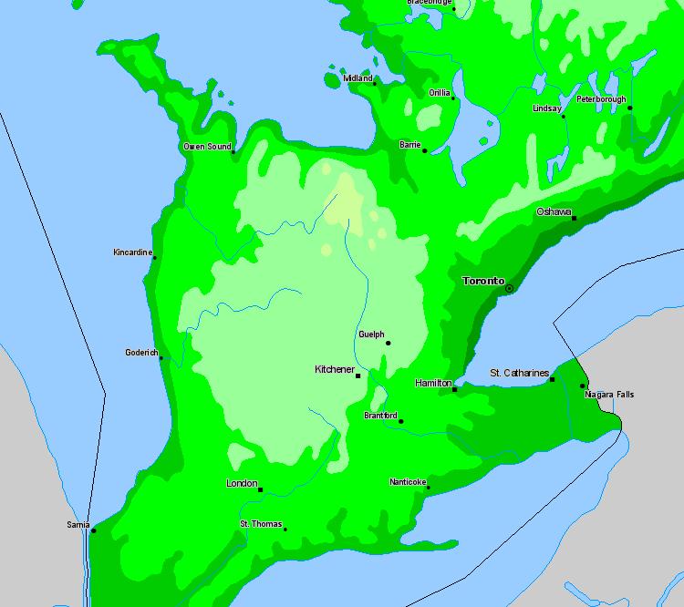 Figure 21 Relief Map and Mean July Total Precipitation in Southern Ontario A B A: