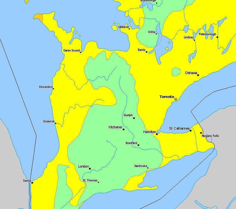 Note the lighter coloured regions of higher elevation to the west of Toronto.