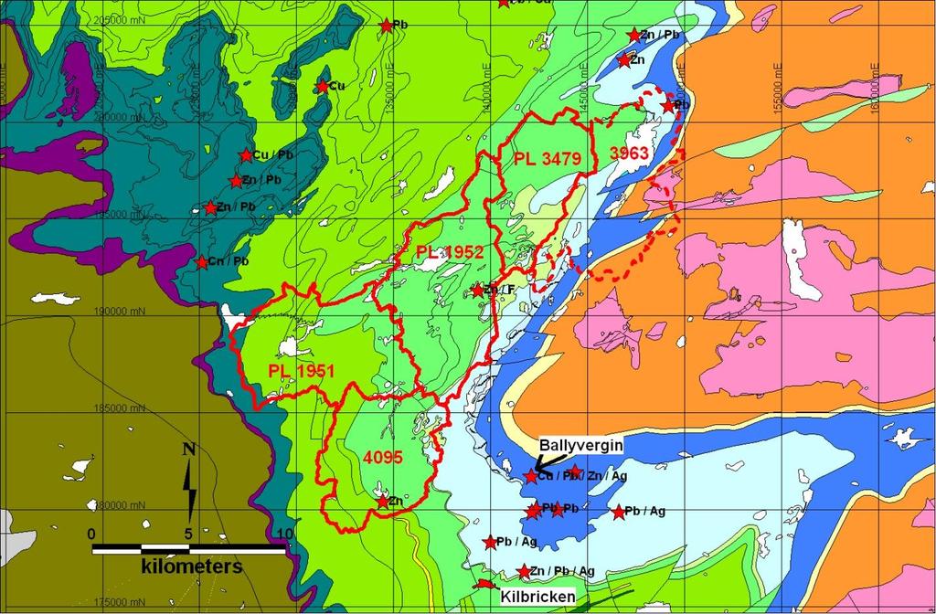Unicorn Gort Licence Block Geology Map Numerous mineral occurrences developed across this region, dominated by breccia and vein hosted lead and fluorite mineralisation in the