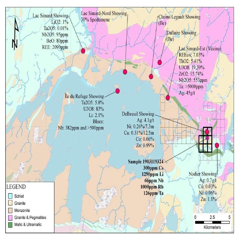 Delbreuil Lithium Project The acquired claims have similar geology to other known lithium showings in the immediate area: the known occurrences on the Project property and on the other known