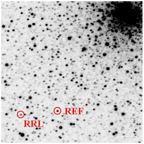 The RR Lyrae star and a reference star of known magnitude have been marked in each image.