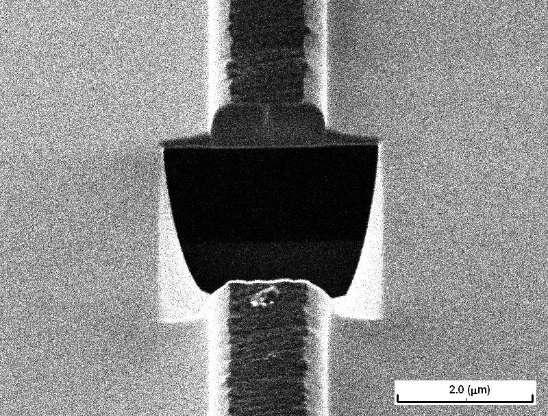 waveguides. The determination of propagation losses is still in progress. Fig. 6. Left: A hole was etched by FIB in a 1.2-µm wide photonic wire to show the cross section.