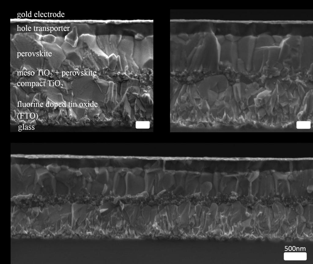 Devices cross sectional SEM Cs 0 M Cs 5 M Cs 5 M Cs 5 M More monolithically grown crystals (not seen before for MA/FA) M. Saliba et al.