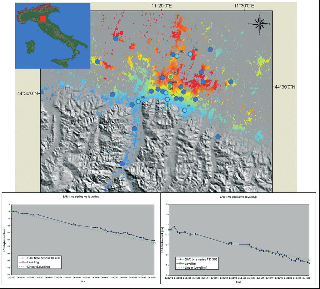 Boll. Geof. Teor. Appl., 49, 151-162 Stramondo Fig. 4 - SBAS analysis of the surface deformation affecting the city of Bologna and the surrounding area. The SAR images cover the period 1992-2000.