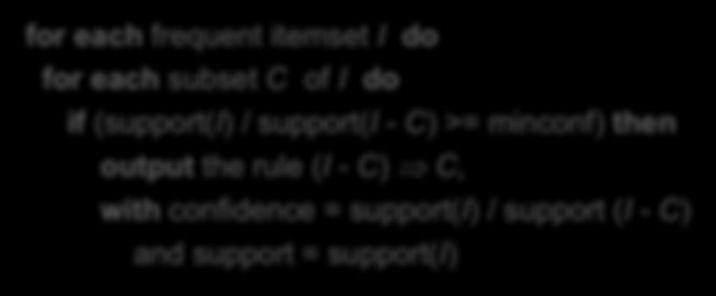 I5 - I2 " I1, I5 - I5 " I1, I2 for)each frequent1itemset I do for)each subset1c of1i do if)(support(i)1/1support(i U