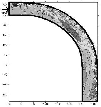As it is seen in Figs 3 and 4, the maximum scouring depth has occurred in the first structure nose (5cm before the bend).