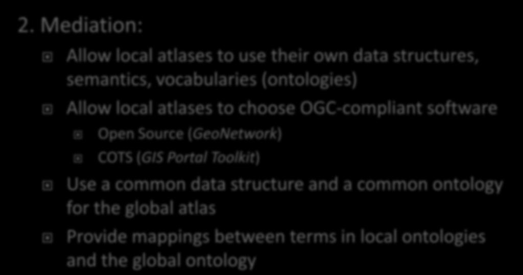 2. Mediation: Allow local atlases to use their own data structures, semantics, vocabularies (ontologies)