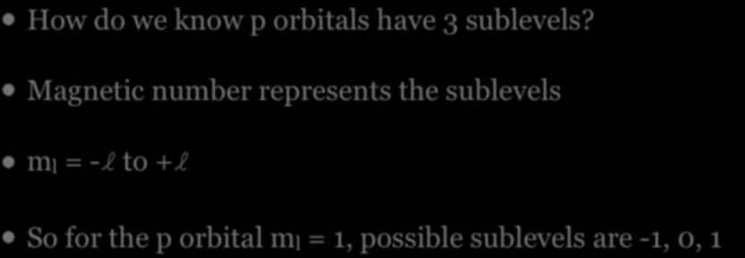 Magnetic (m l ) How do we know p orbitals have 3 sublevels?