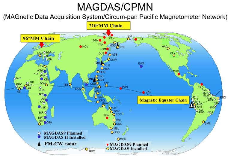 Figure 1 The global network of the MAGDAS magnetometers (Yumoto and MAGDAS group, 2007) Table 1: Parameters of the station used in the study S/N STATIONS Code Geographic latitude Geographic longitude