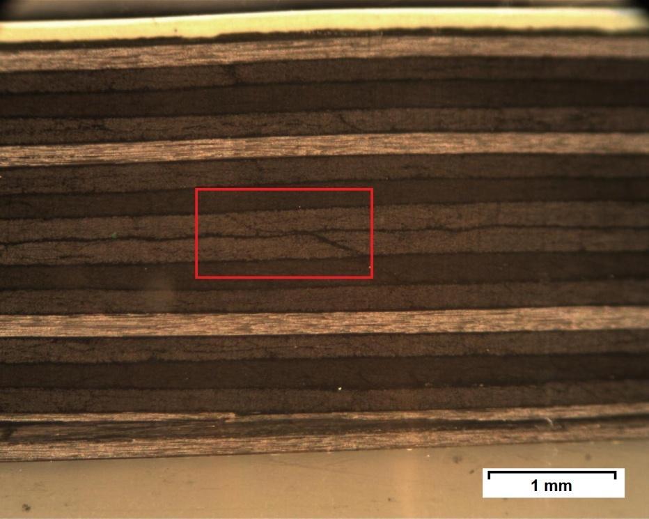 50 Figure 36. Microscope image of test LV-021 with increased magnification Figure 37 shows a 16 ply panel damaged with a 76.