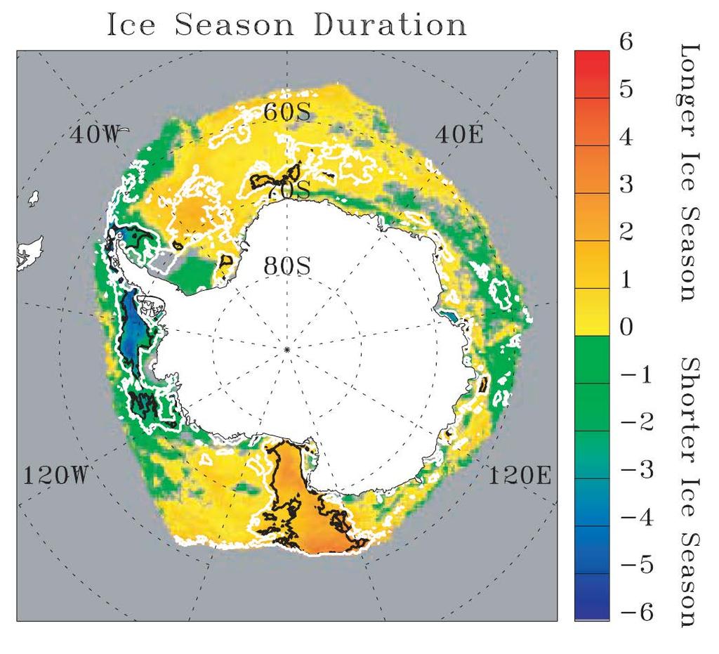 Figure 9: Change in duration of Antarctic sea ice cover (in days yr -1, evaluated between years 1979 and 2004). (Stammerjohn et al., 2008).