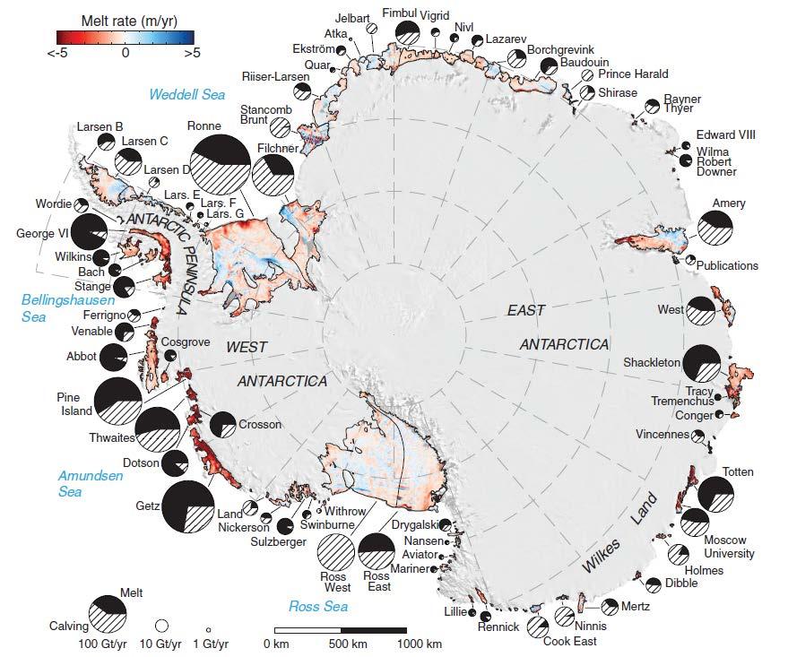 Antarctic continent). Ocean temperature near the sea floor is shown around the margin of the continent (right hand colour bar). From Pritchard et al.
