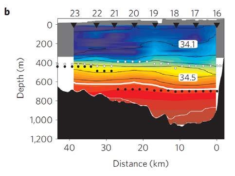 Both panels show temperature in colour relative to the in situ freezing point, salinity by black contours and the surfacereferenced 27.
