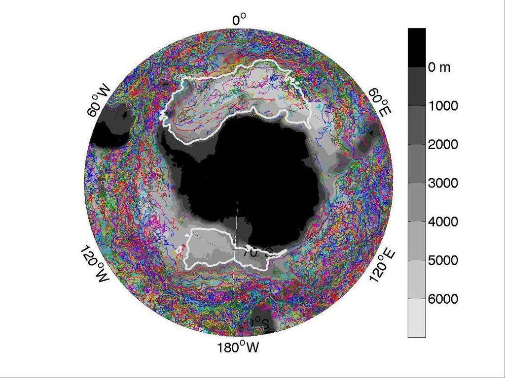 Figure 16: Argo float trajectories. Note the large voids in the sea ice zone (partially filled in the Weddell Sea by acoustically-tracked profiling floats).