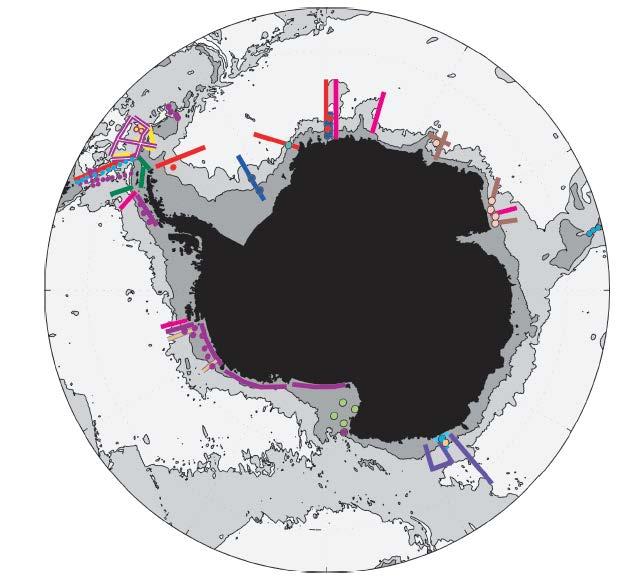 Figure 20: Location of hydrographic sections (lines) and moorings (circles) occupied during the SASSI program of the International Polar Year.