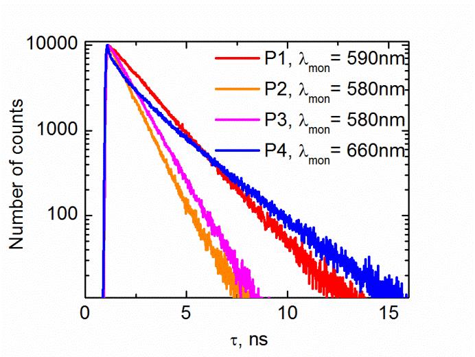 Time correlated single photon counting (TCSPC) measurements The fluorescence decays of P1 P3 shown in Figure 4 (left) are clearly one exponential, but that of P4 is two exponential with lifetimes of