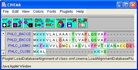 Figure 4: PRINTS Multiple Alignment with CINEMA 3.4. PFAM Pfam (http://www.sanger.ac.uk/software/pfam, Bateman et al., 2000) is a database of protein alignments and HMMs.
