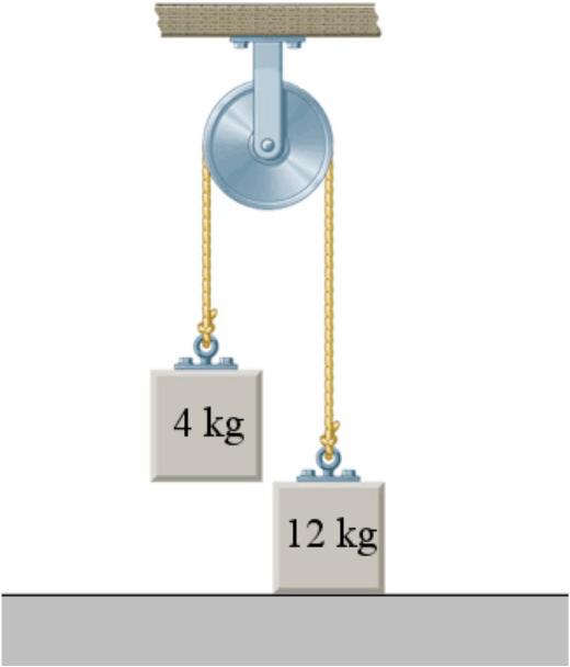 4. Two boxes are suspended from the ceiling of an elevator. a) What are the tensions of the strings if the elevator has an acceleration of 2.4 m/s² directed downwards?