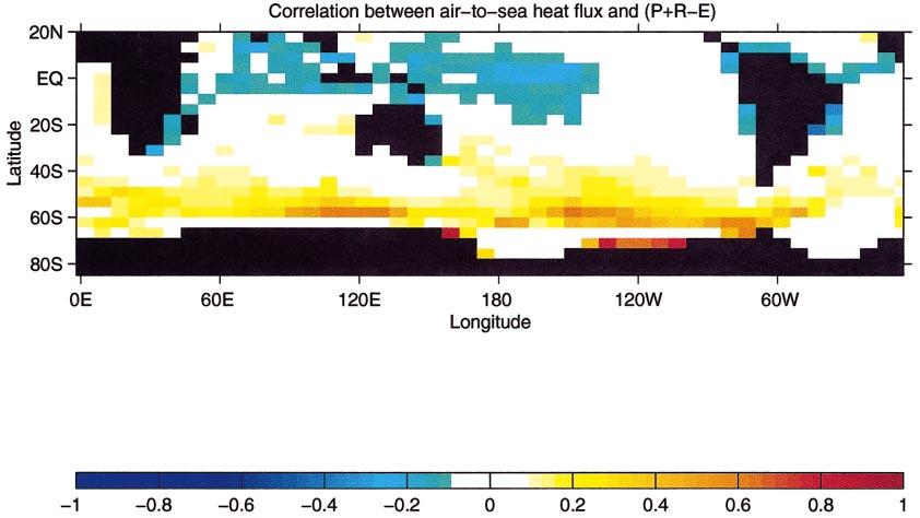 MAY 2002 RINTOUL AND ENGLAND 1317 FIG. 9. Correlation between net air-to-sea heat flux anomalies and precipitation plus runoff minus evaporation (P R E).