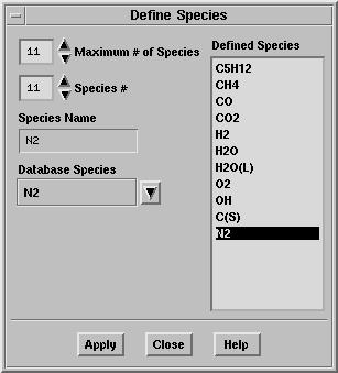 Modeling Non-Premixed Combustion Figure 14.3.3: The Define Species Panel in prepdf from the Database Species list.