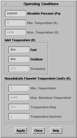 14.3 User Inputs for the Non-Premixed Equilibrium Model Figure 14.3.6: The Operating Conditions Panel in prepdf Fuel is the temperature of the fuel inlet in your model.