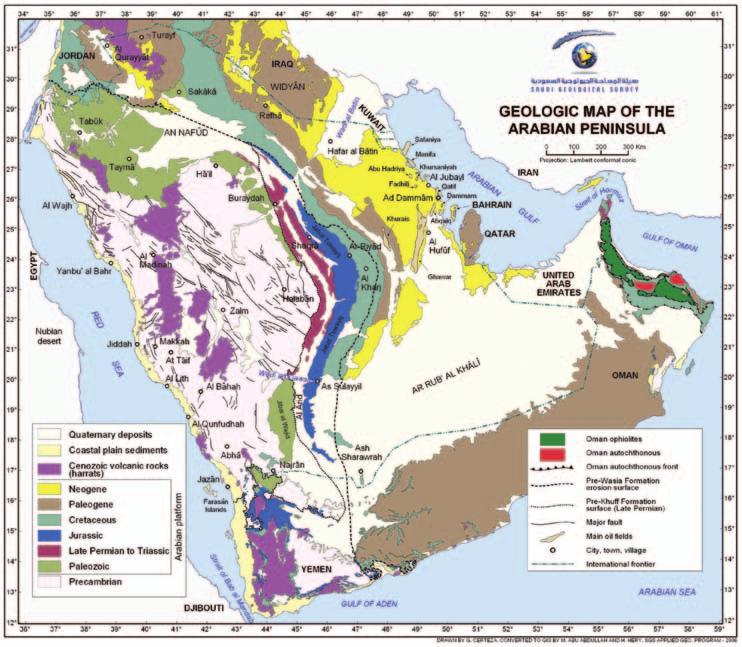 46 Saudi Arabia: An Environmental Overview Figure 3.1 Geological Map of the Arabian Peninsula (Courtesy: Saudi Geological Survey).