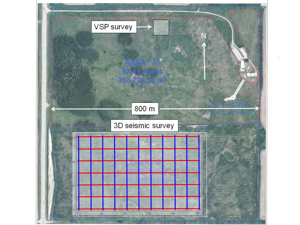 photograph). The 3D seismic survey layout is shown in the southern area, and a 140m deep VSP and logging well was located near the northern access road. Figure 1.