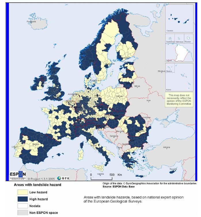 Existing European landslide hazard evaluation Source: EPSON (European Spatial