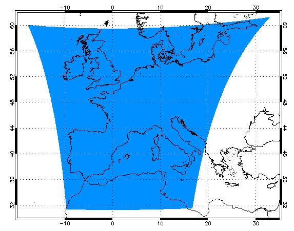 Over Europe the ground pixels increase strongly in the North-South direction due to the