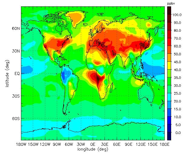 Page 17 of 138 Figure 2-1. The geographic spread of the 14 selected locations. The underlying map shows the surface ozone concentrations (in ppbv) for June 2000 simulated using TM4. Table 2-2.