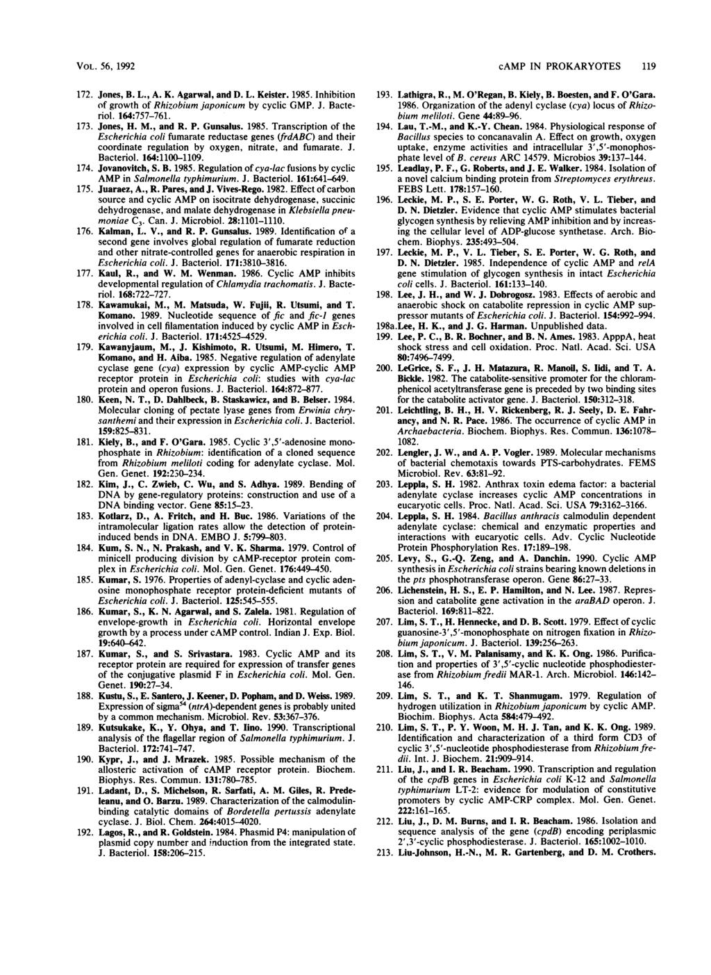 VOL. 56, 1992 172. Jones, B. L., A. K. Agarwal, and. L. Keister. 1985. Inhibition of growth of Rhizobium japonicum by cyclic GMP. J. Bacteriol. 164:757-761. 173. Jones, H. M., and R. P. Gunsalus.