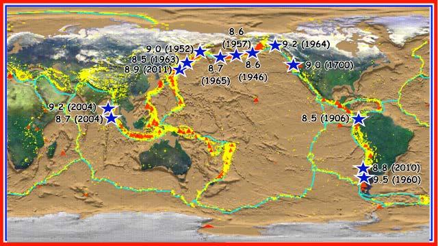 The 13 biggest Earthquakes (blue stars, with Magnitude) Yellow dots are EQs of all mechanism bigger than ~Mw 5. Orange triangles are active volcanoes.