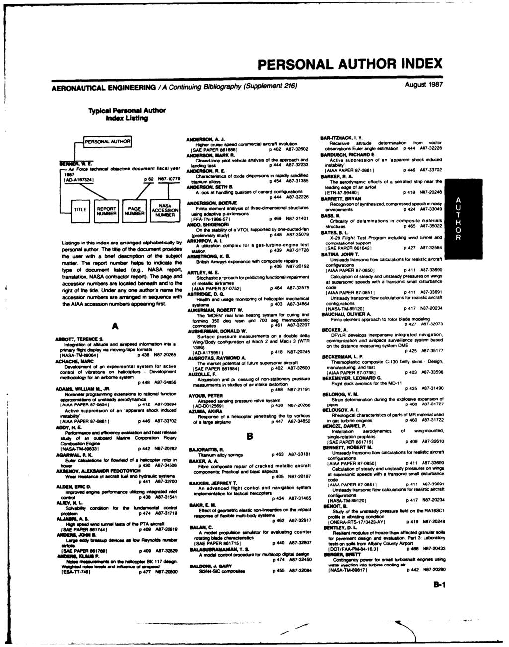 PERSONAL AUTHOR INDEX AERONAUTICAL ENGINEERING /A Continuing Bibfiography (Supplement 216) August 1987 Typical Peirsional Auto Index Listing ANDERON, J.SAR-ITZI4ACK.4. 1. Y.