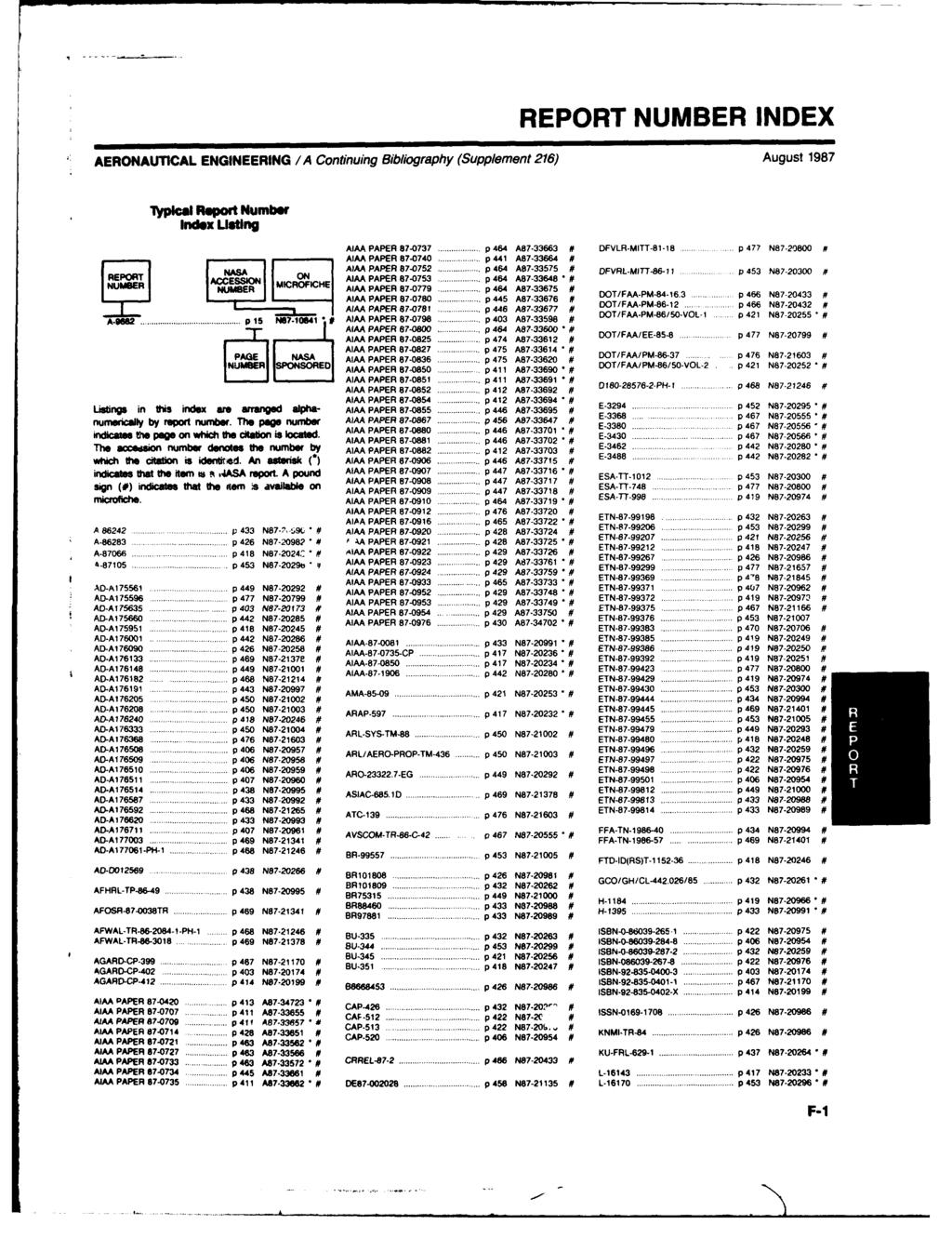 REPORT NUMBER INDEX AERONAUTICAL ENGINEERING /A Continuing Bibliography (Supplement 216) August 1987 "Typical pod Number Index Usting AIAA PAPER 87-0737... p 464 A87-33663 # DFVLR-MITT-81-18.