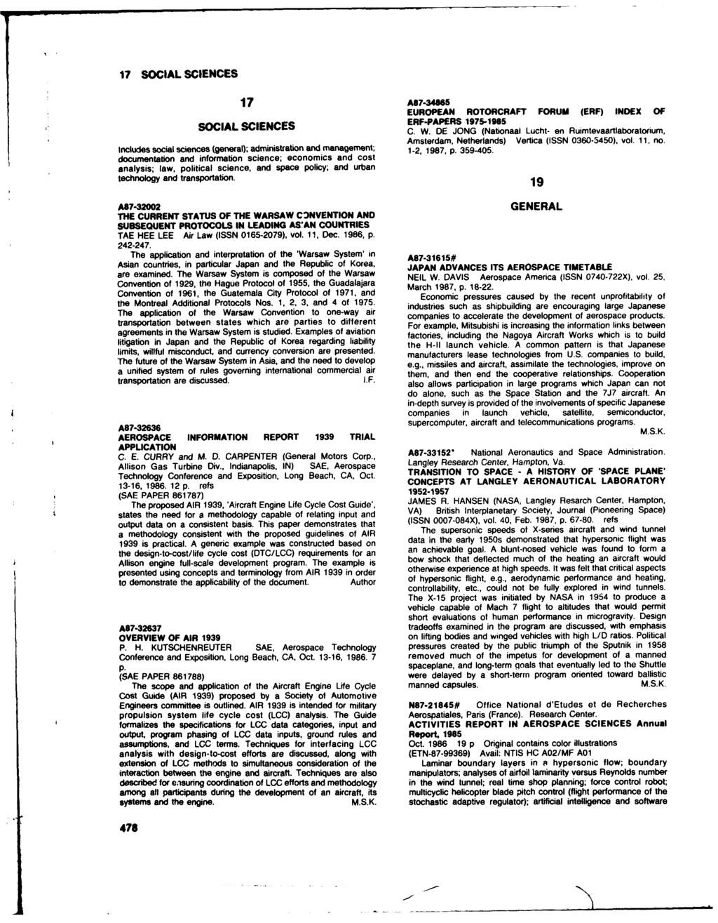 17 SOCIAL SCIENCES 17 A87.31165 EUROPEAN ROTORCRAFT FORUM (ERF) INDEX OF SOCIAL SCIENCES ERF-PAPERS 1975-1985 C. W.