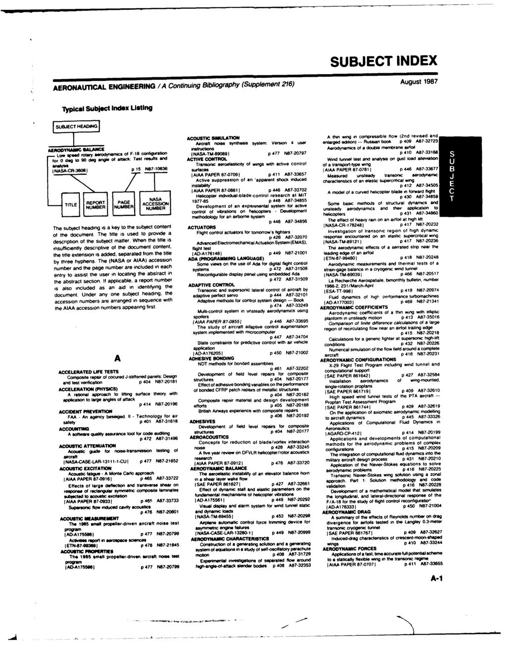 SUBJECT INDEX AERONAUTICAL ENGINEERING /A Continuing Bibliography (Supplement 216) August 1987 "Typical Subject Index Listing SUBJECT HEADING ACOUSTIC SIMULATION A thin wing in compressible flow (2nd