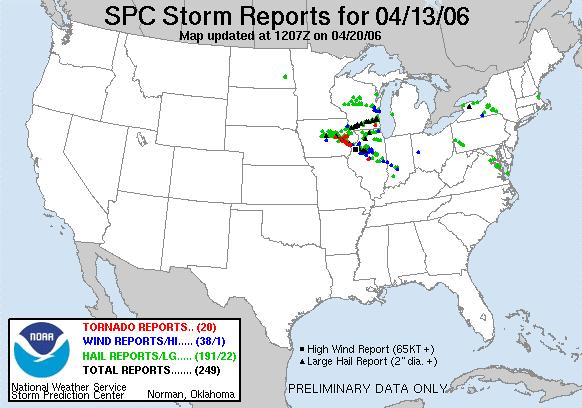 Figure 1: Storm Reports for 4/13/2006 from the SPC website. This shows the line that the storm followed through Southern Wisconsin, Iowa, and Illinois I.