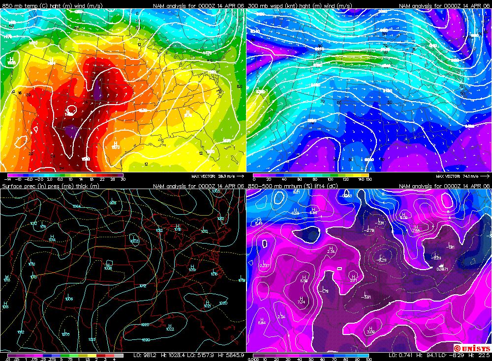 Figure 2: 850mb map, 300mb jet, surface map, and Relative Humidity and Lifted Index are shown in the upper left, upper right, lower left, and lower right respectively.