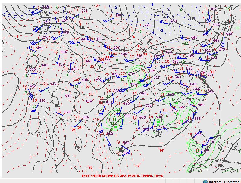 Figure 7: 850mb map from Unysis Weather. This map shows upper air observations, height lines, 850mb temperatures and dewpoints.
